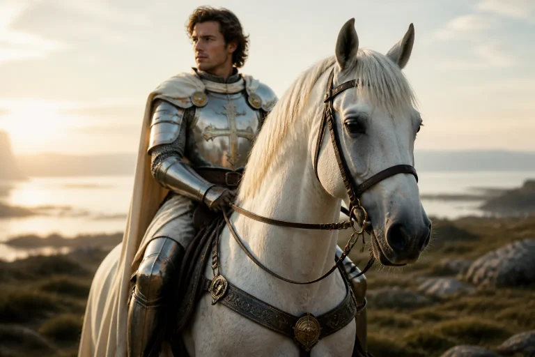 Armored knight on white horse