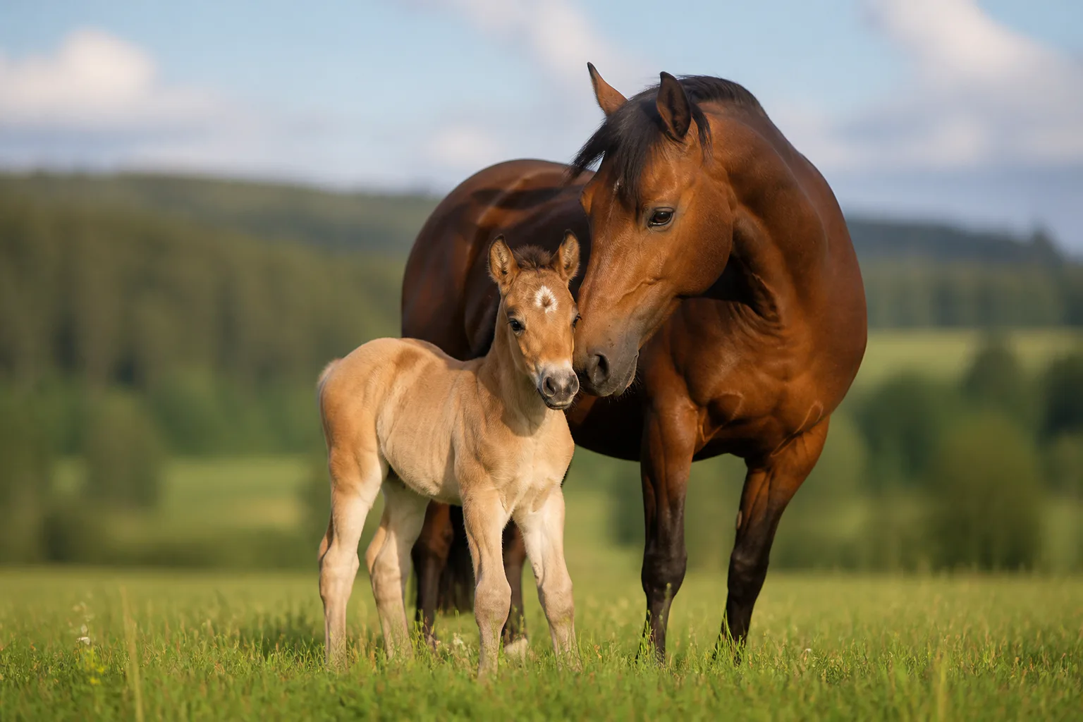Mare and foal in grassy field