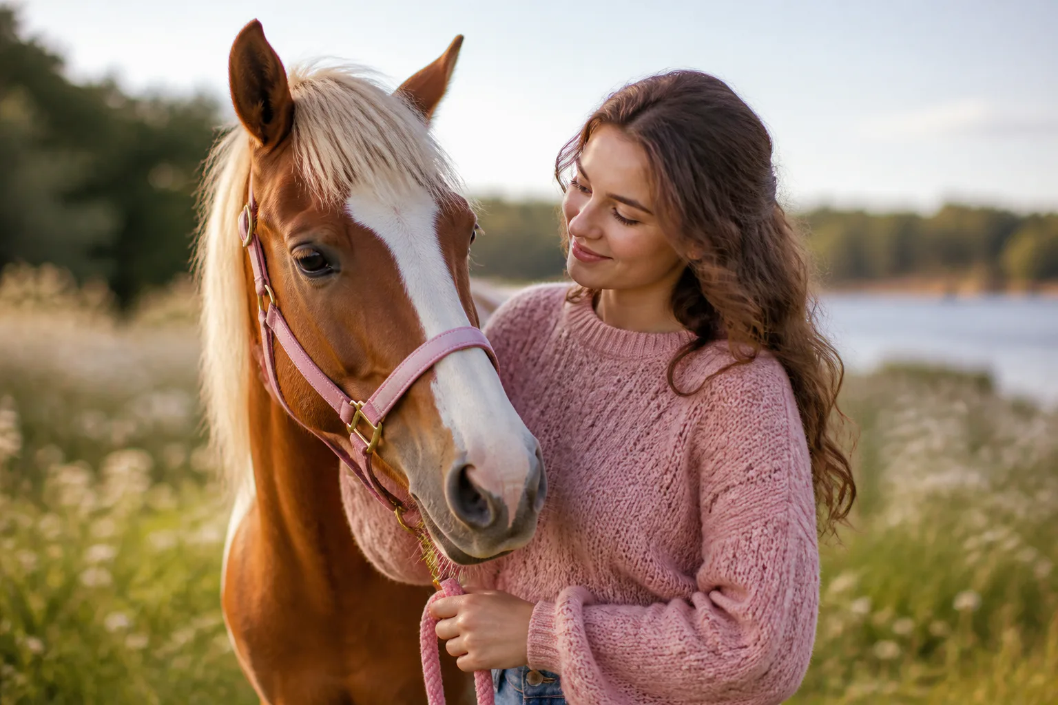 Woman with horse in a field
