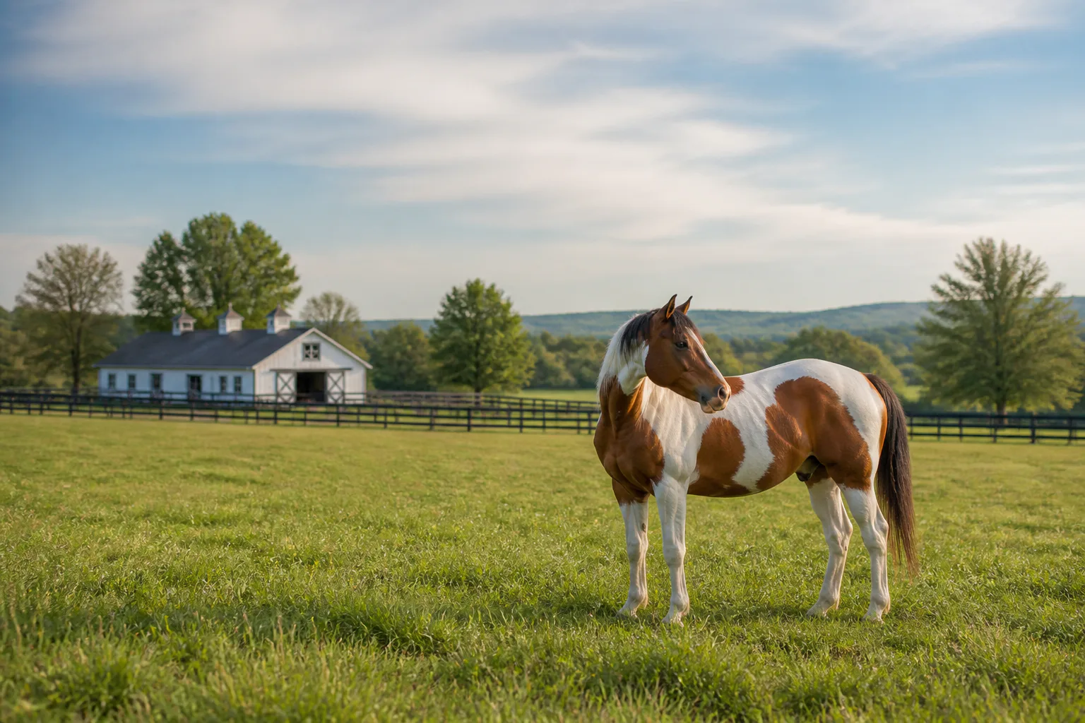 Paint horse in grassy pasture