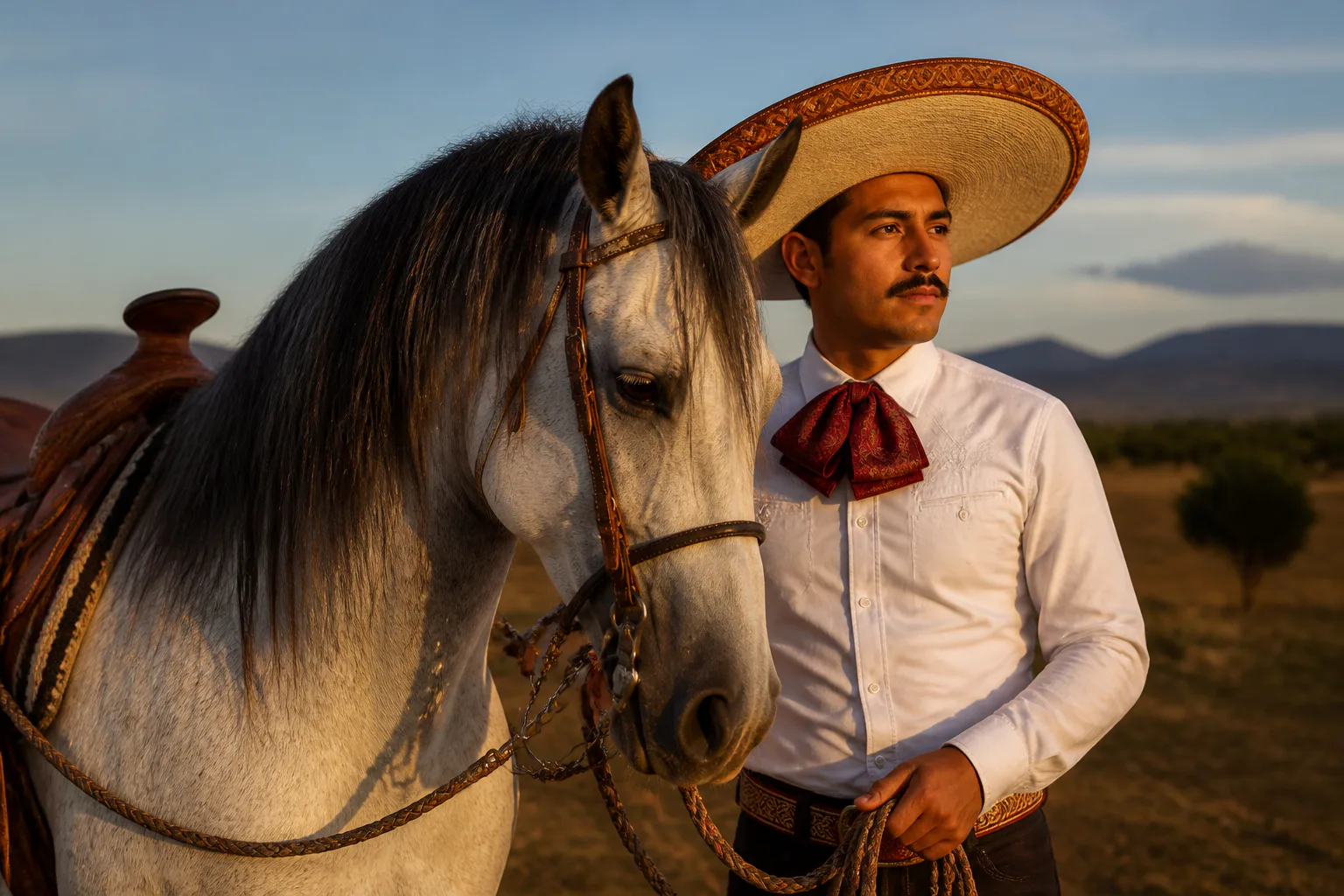 Charro with horse at sunset