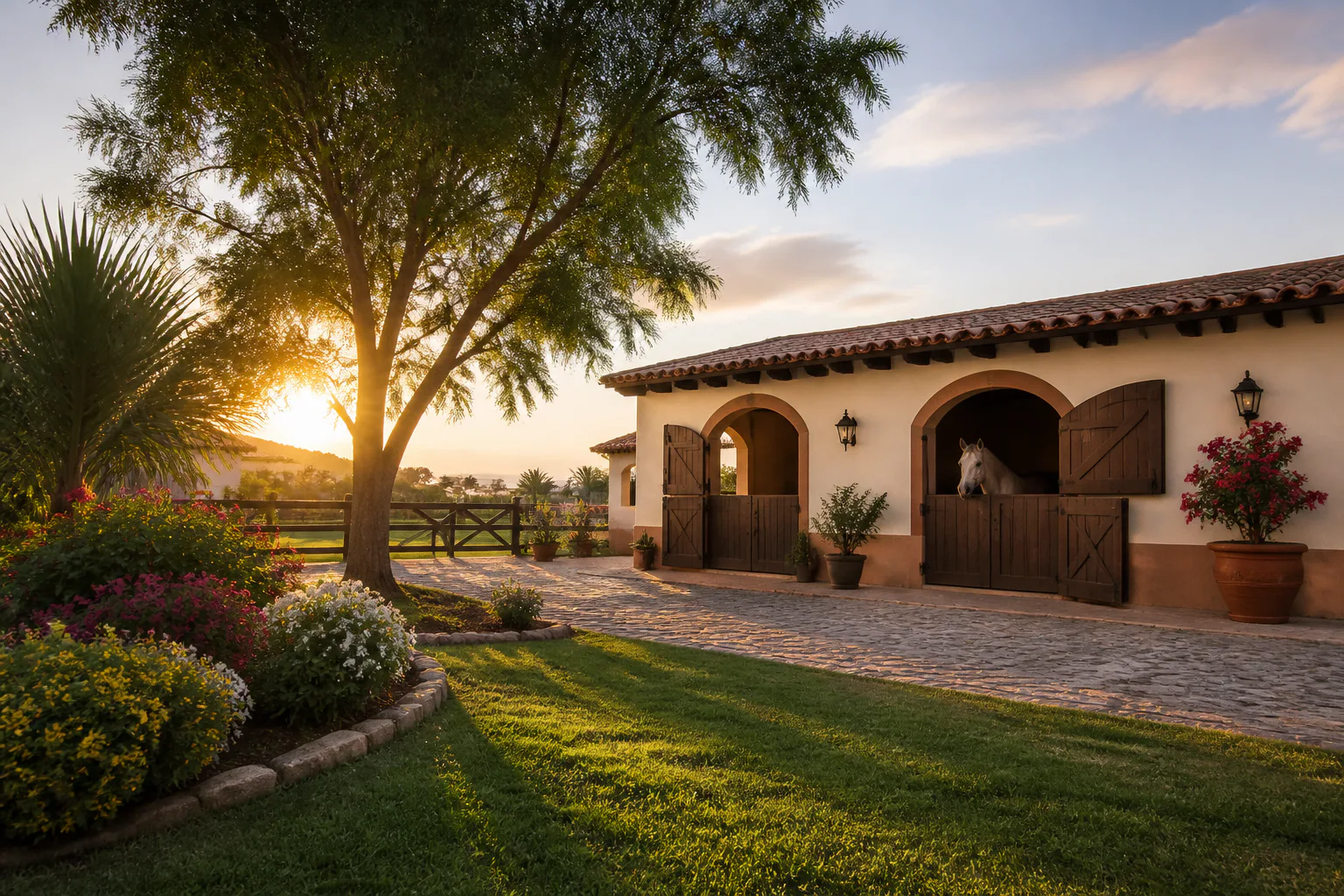 Sunset horse stable courtyard